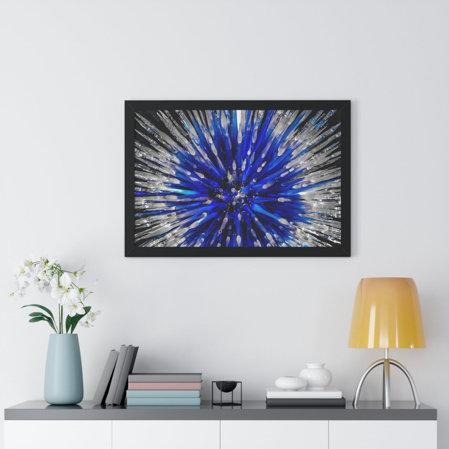 Ocean Serenity: Blue and Clear Glass Blown Sculpture - Framed Photography Print